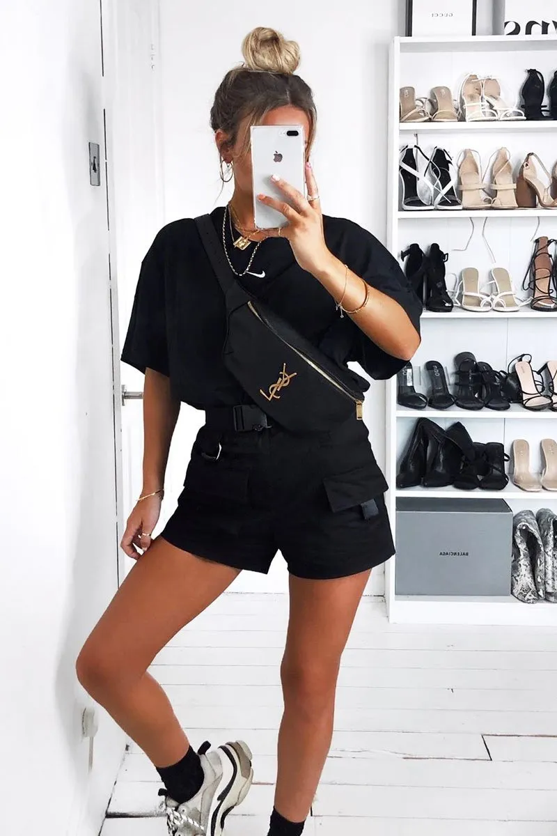 Black Buckle Front Woven Utility Shorts - Minh