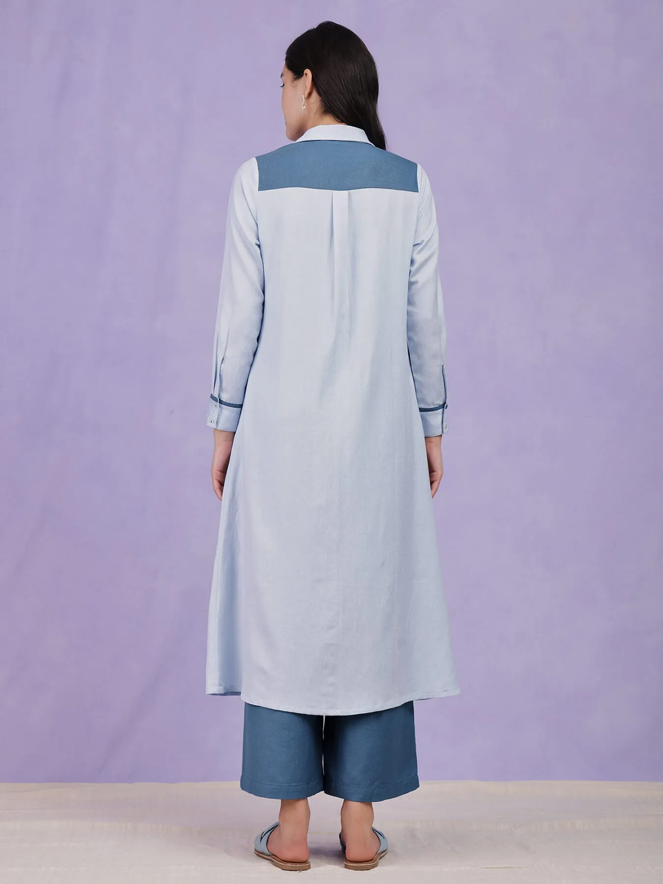Colourblock Shirt Kurta Set - Blue