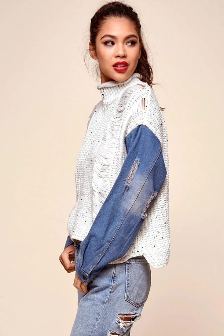 Dawn Denim Sleeved Knit Sweater Marble Blue