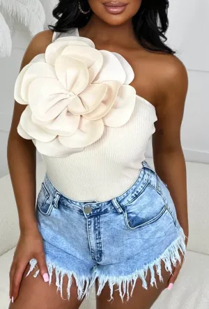 Elegant Bloom Beige Scuba Flower One Shoulder Top