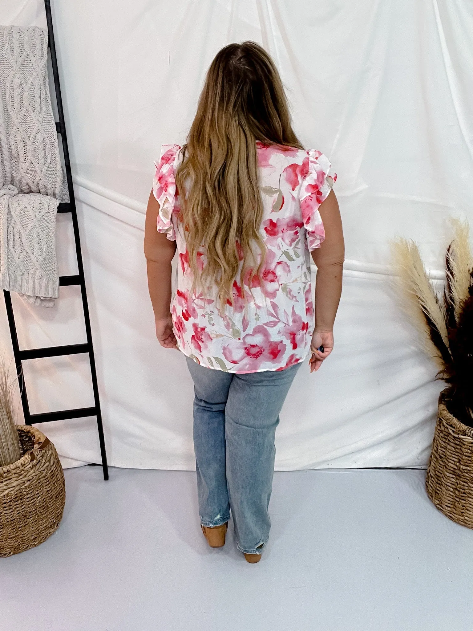Floral Print Flutter Sleeve Sheer V-Neck Top
