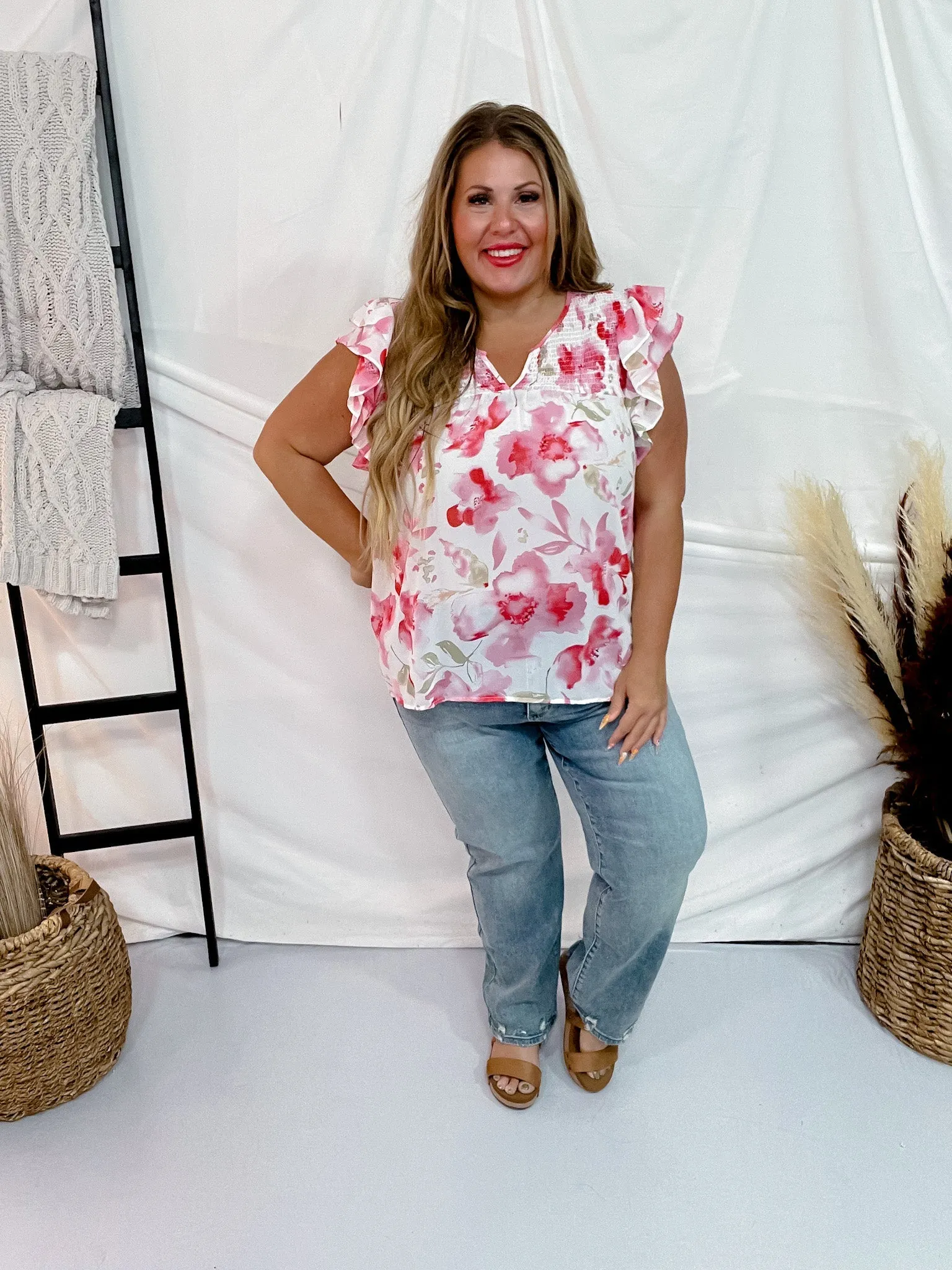 Floral Print Flutter Sleeve Sheer V-Neck Top