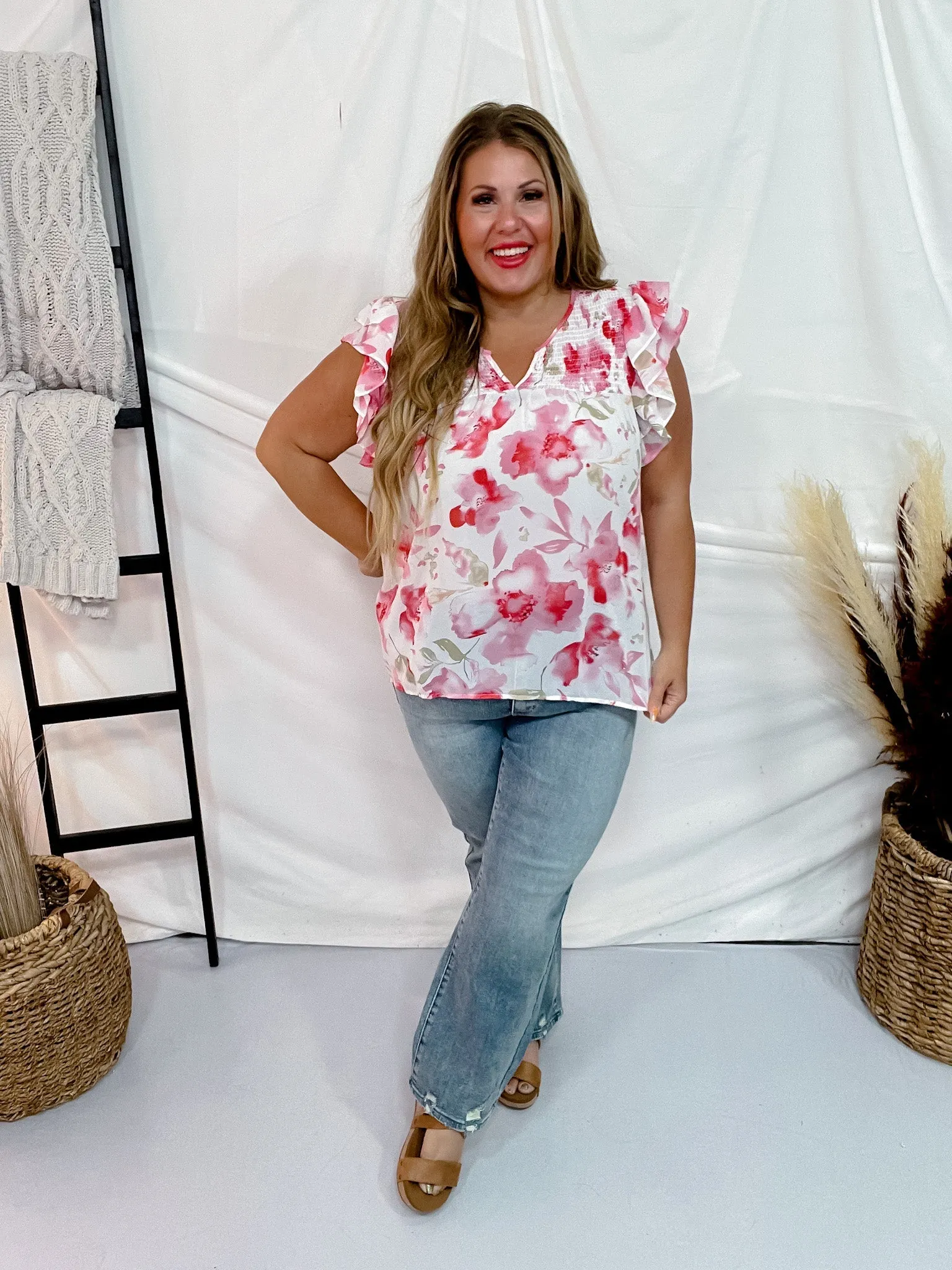 Floral Print Flutter Sleeve Sheer V-Neck Top