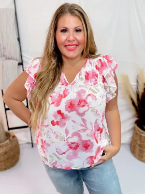 Floral Print Flutter Sleeve Sheer V-Neck Top