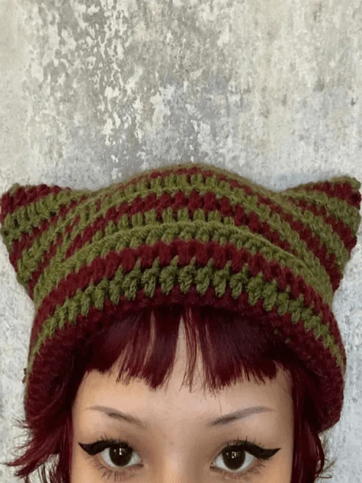 Hand Made Horn Detail Striped Knitted Hat