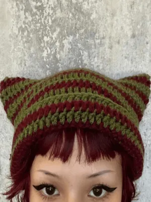 Hand Made Horn Detail Striped Knitted Hat