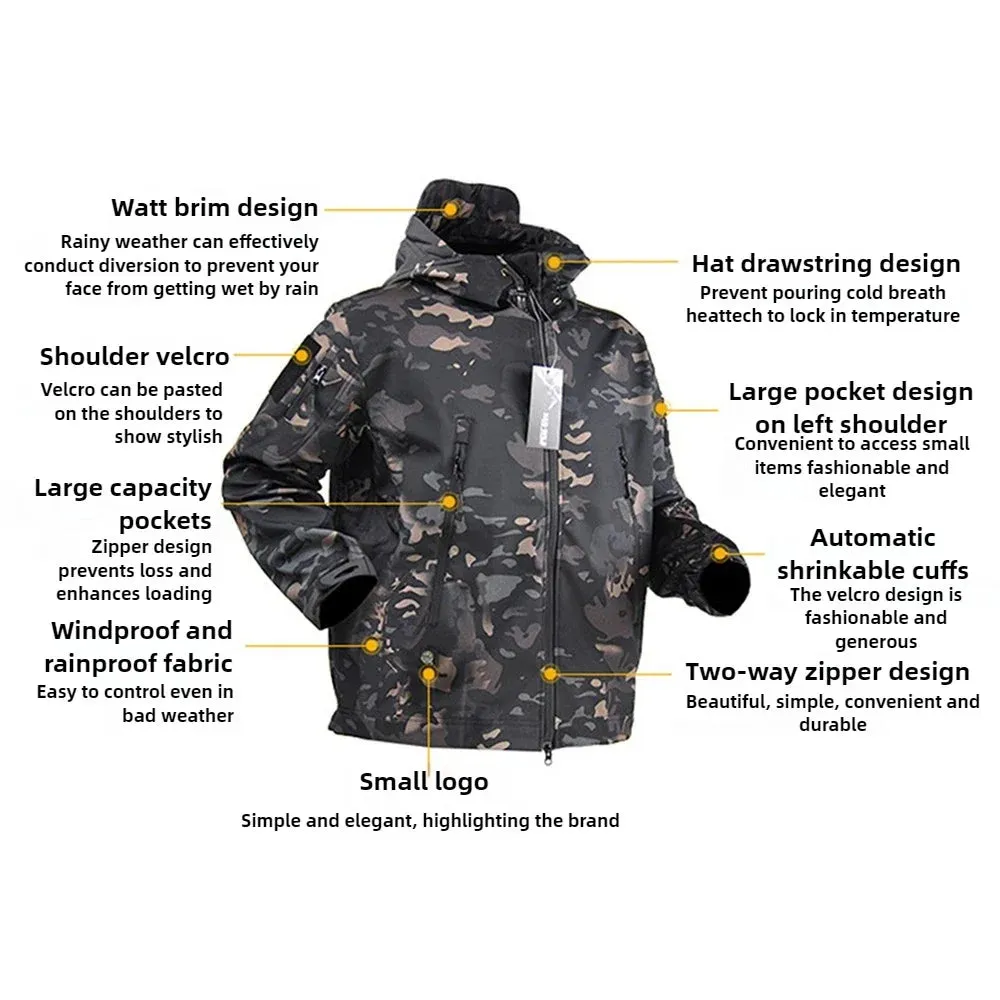 Hunting Jackets Camo Soft Tactical Jacket Man Combat Waterproof Fleece Men Clothing Coat Windbreakers 5XL  