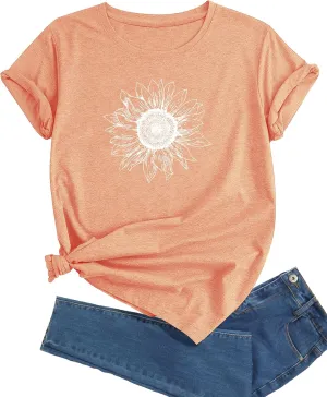 J&DHUASHA Women's Sunflower T-Shirt Short Sleeve Crewneck Floral Graphic Tees Summer Print Casual Tops