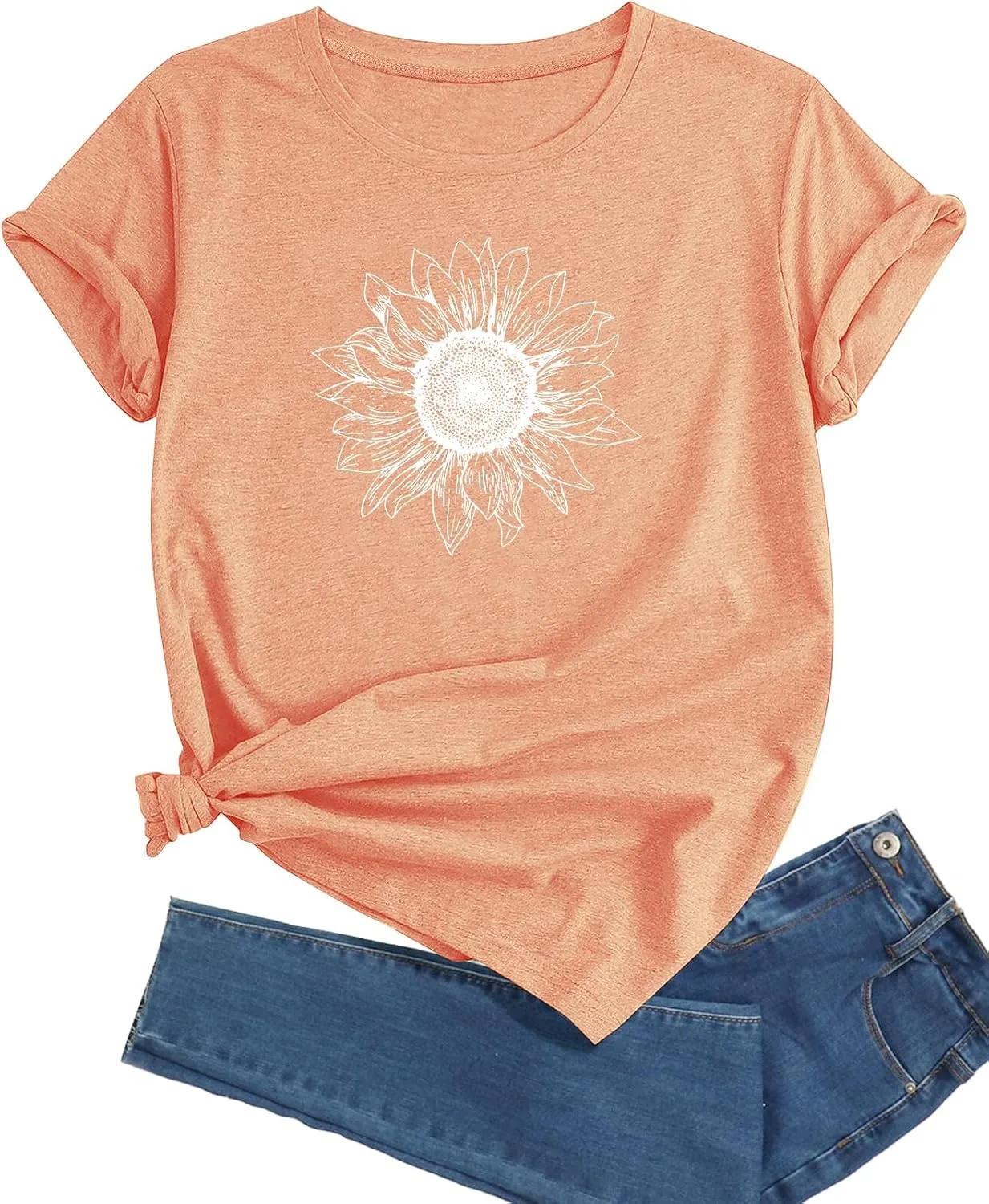 J&DHUASHA Women's Sunflower T-Shirt Short Sleeve Crewneck Floral Graphic Tees Summer Print Casual Tops