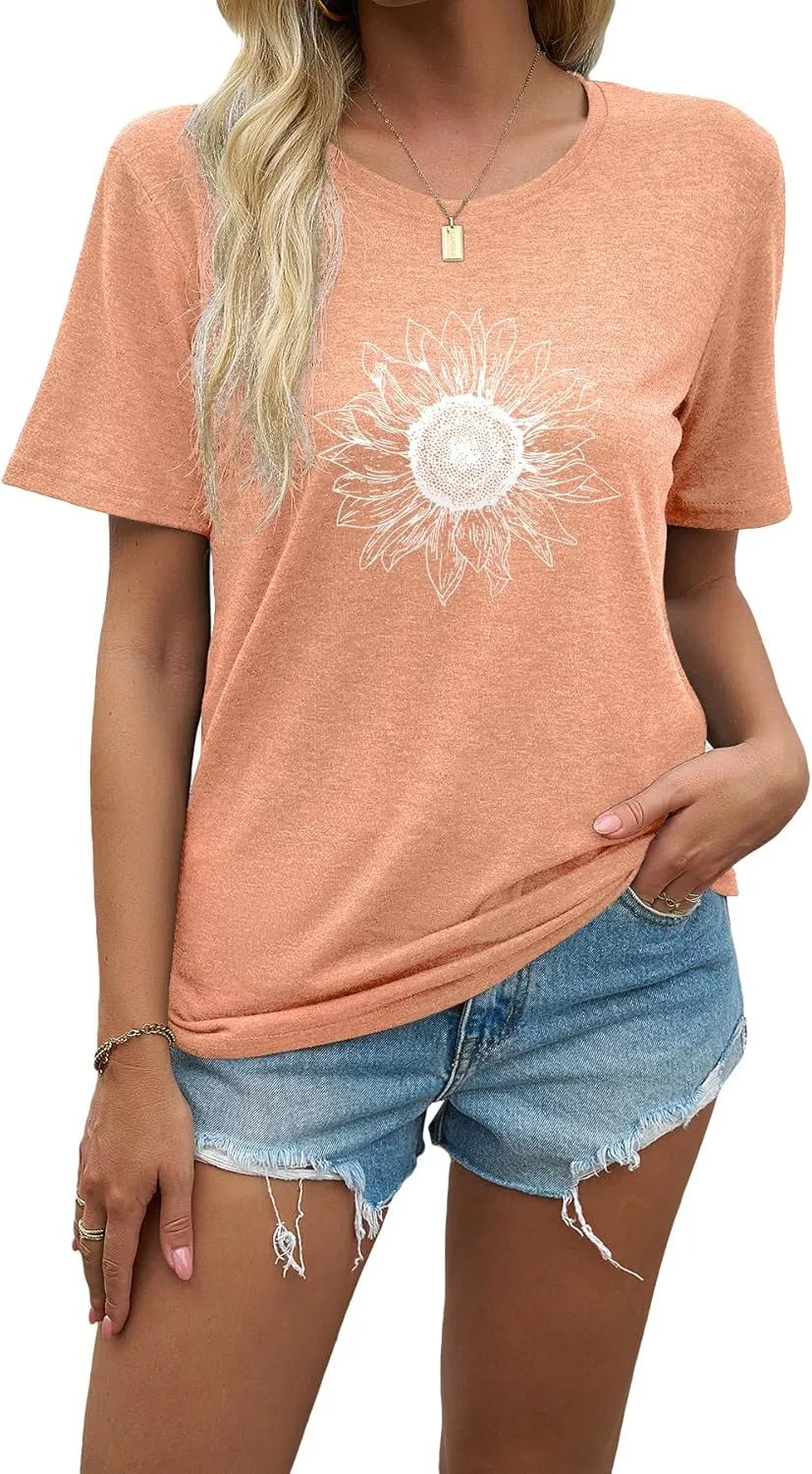 J&DHUASHA Women's Sunflower T-Shirt Short Sleeve Crewneck Floral Graphic Tees Summer Print Casual Tops