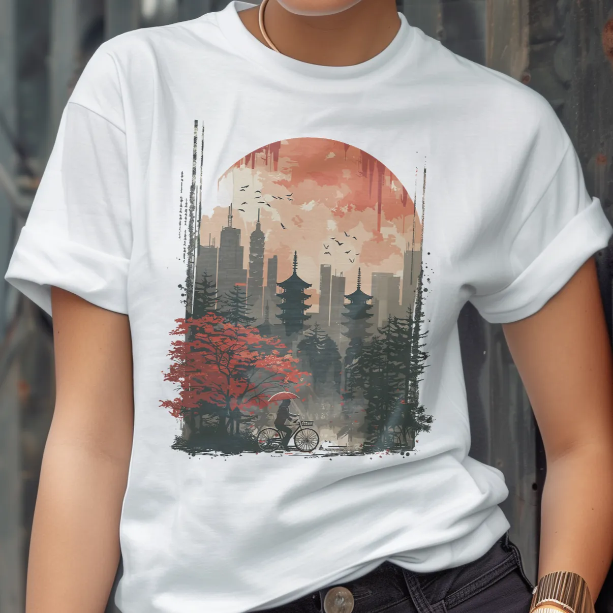 Japanese Art Skyline Biker T-Shirt