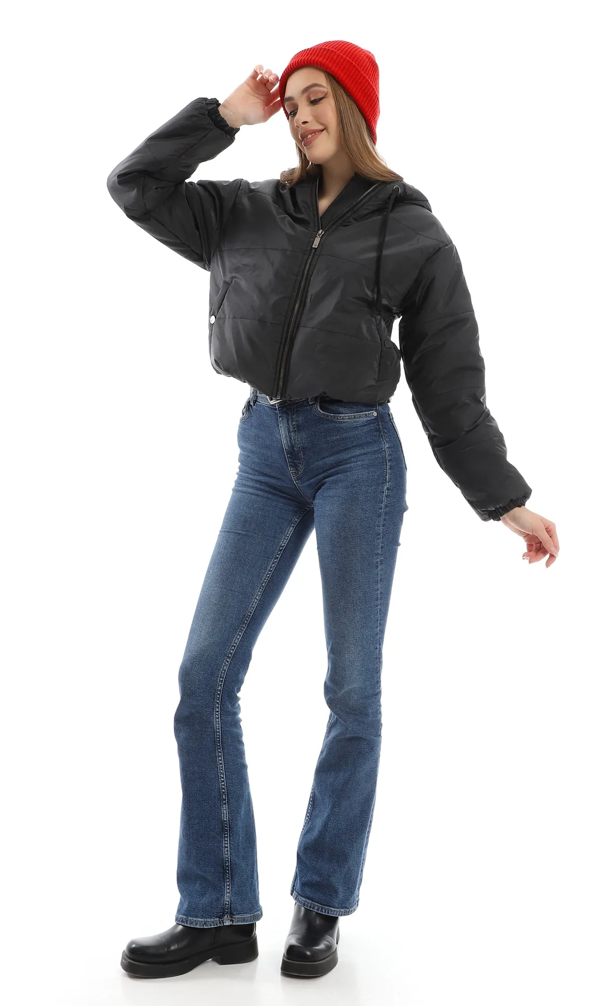 O156250 Solid Black Bomber Jacket With Fixed Hood