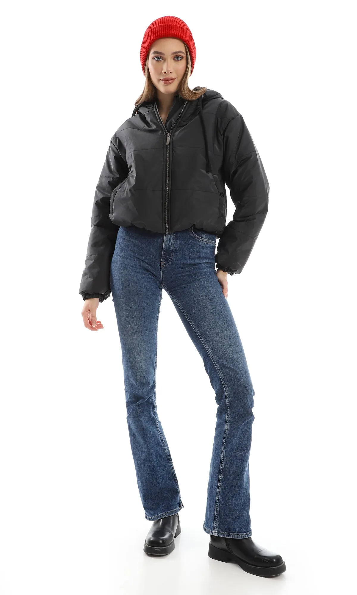 O156250 Solid Black Bomber Jacket With Fixed Hood