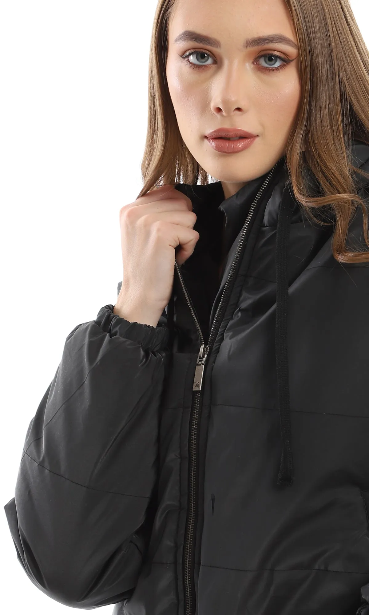 O156250 Solid Black Bomber Jacket With Fixed Hood