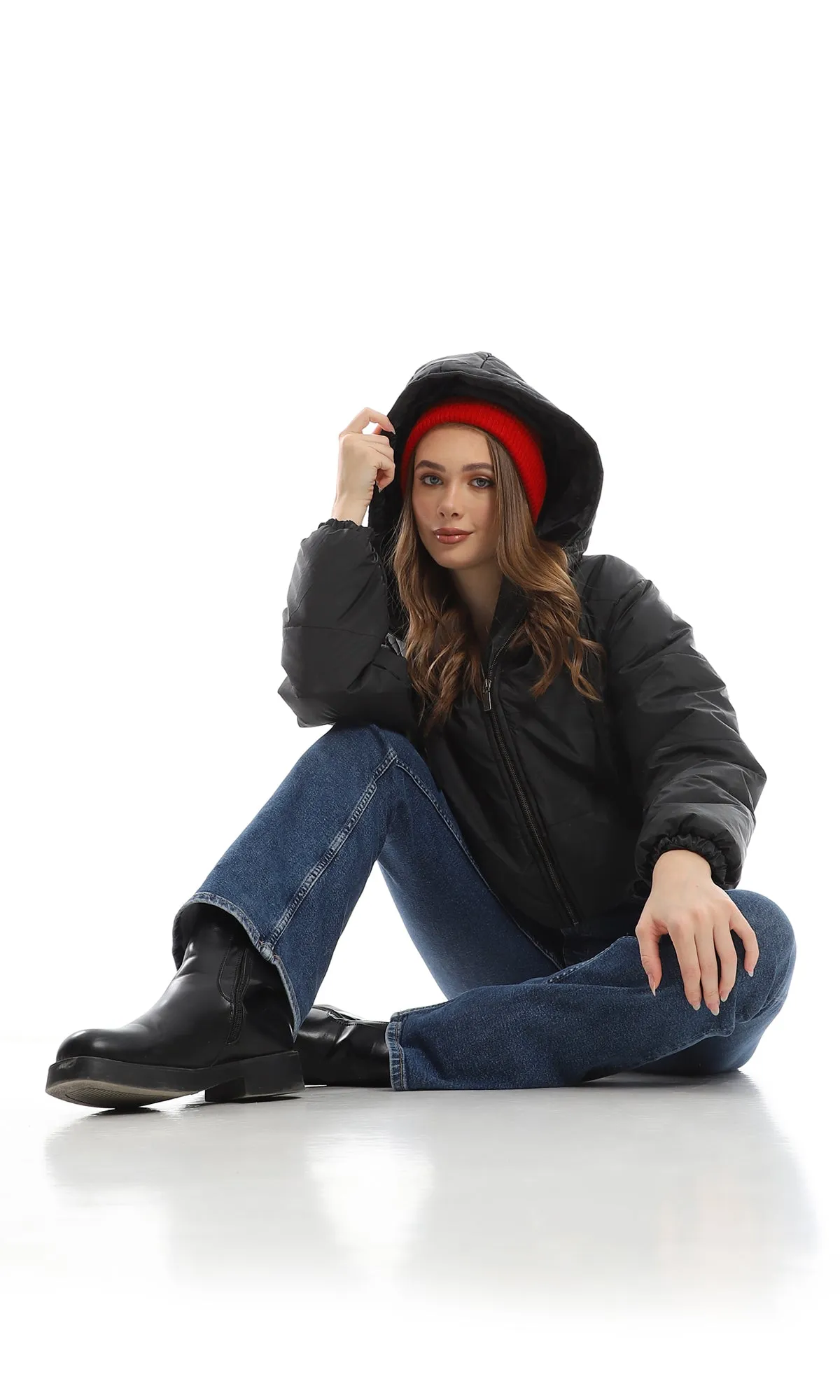 O156250 Solid Black Bomber Jacket With Fixed Hood
