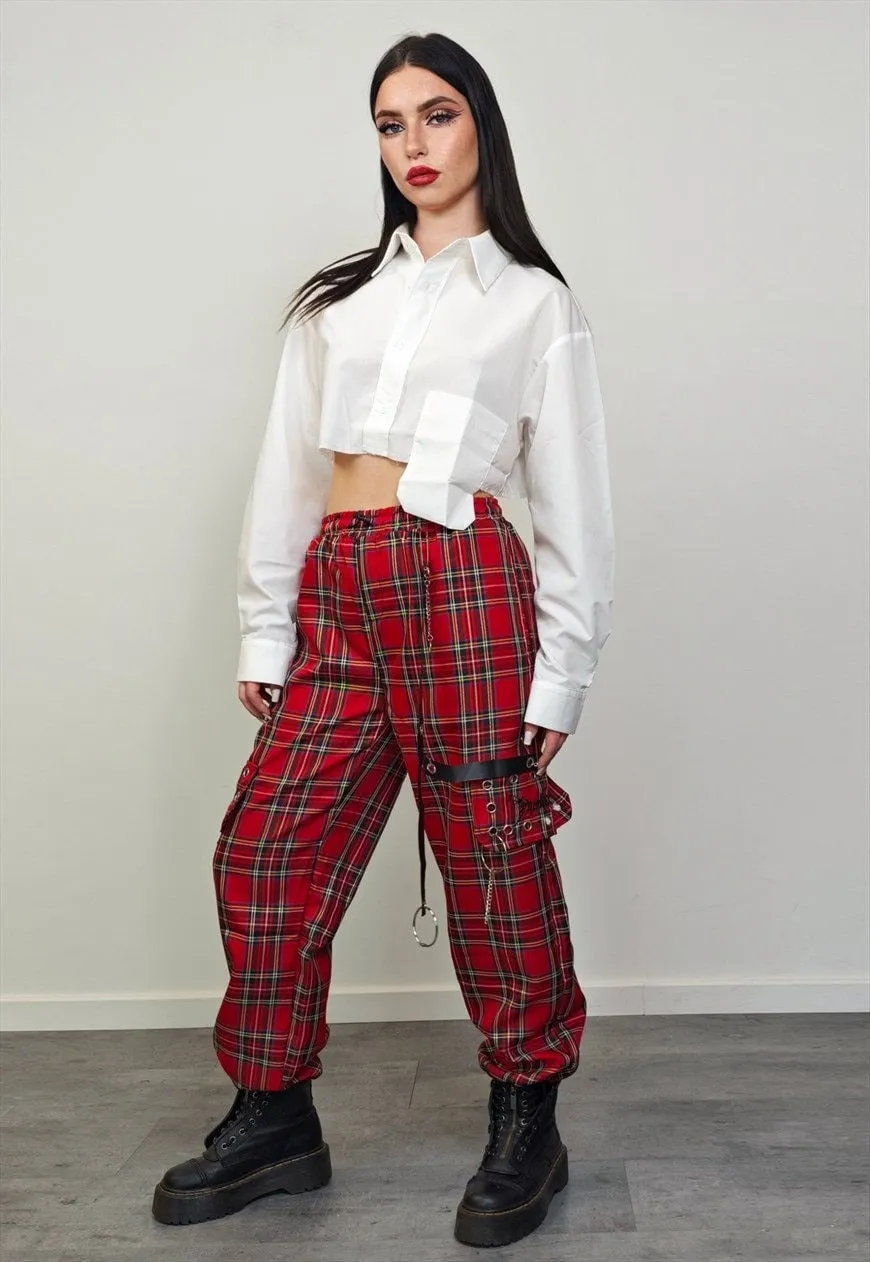 Punk trousers red check tartan pants utility plaid joggers