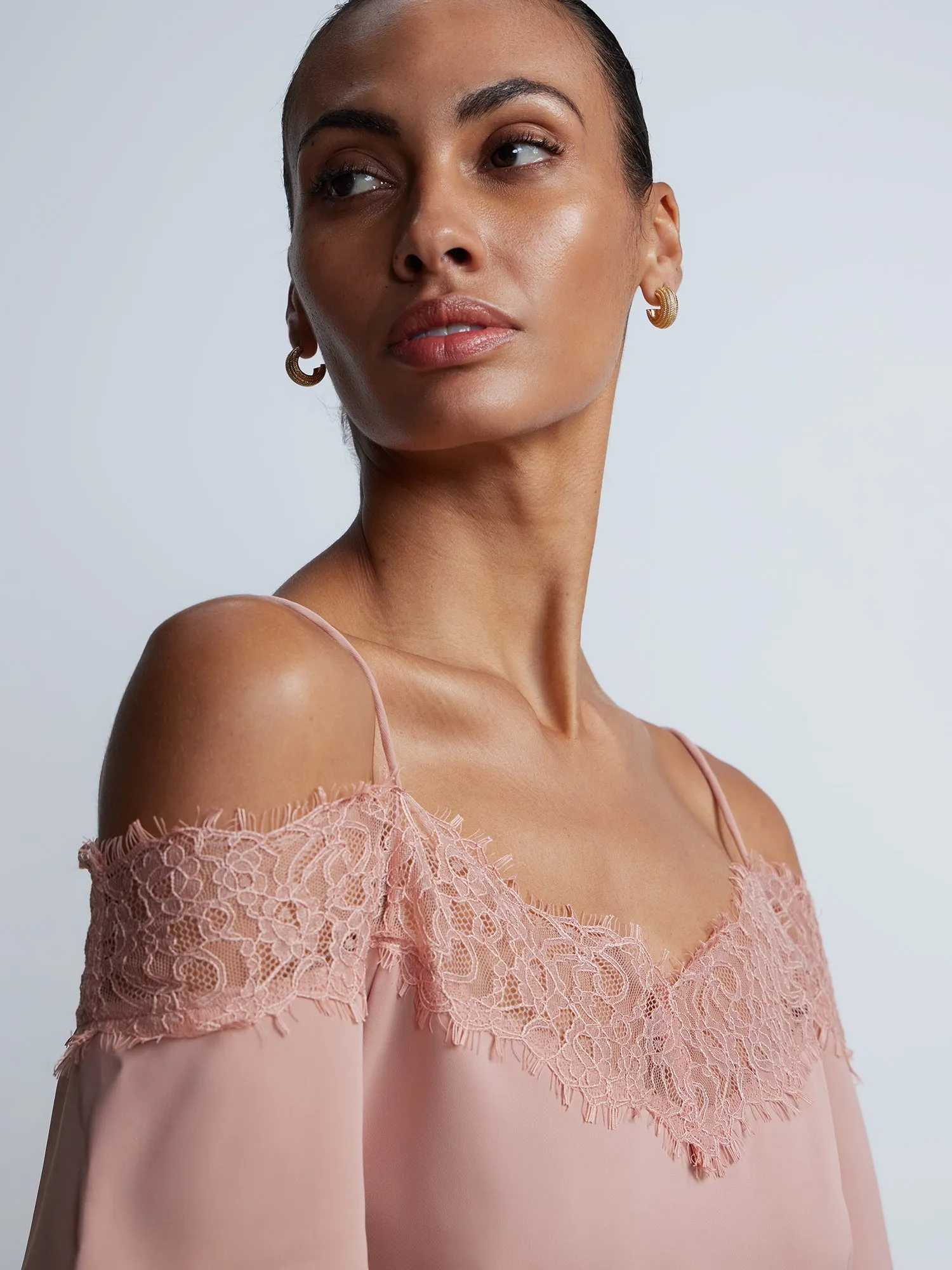 Short Sleeve Lace Trim Cold Shoulder Top