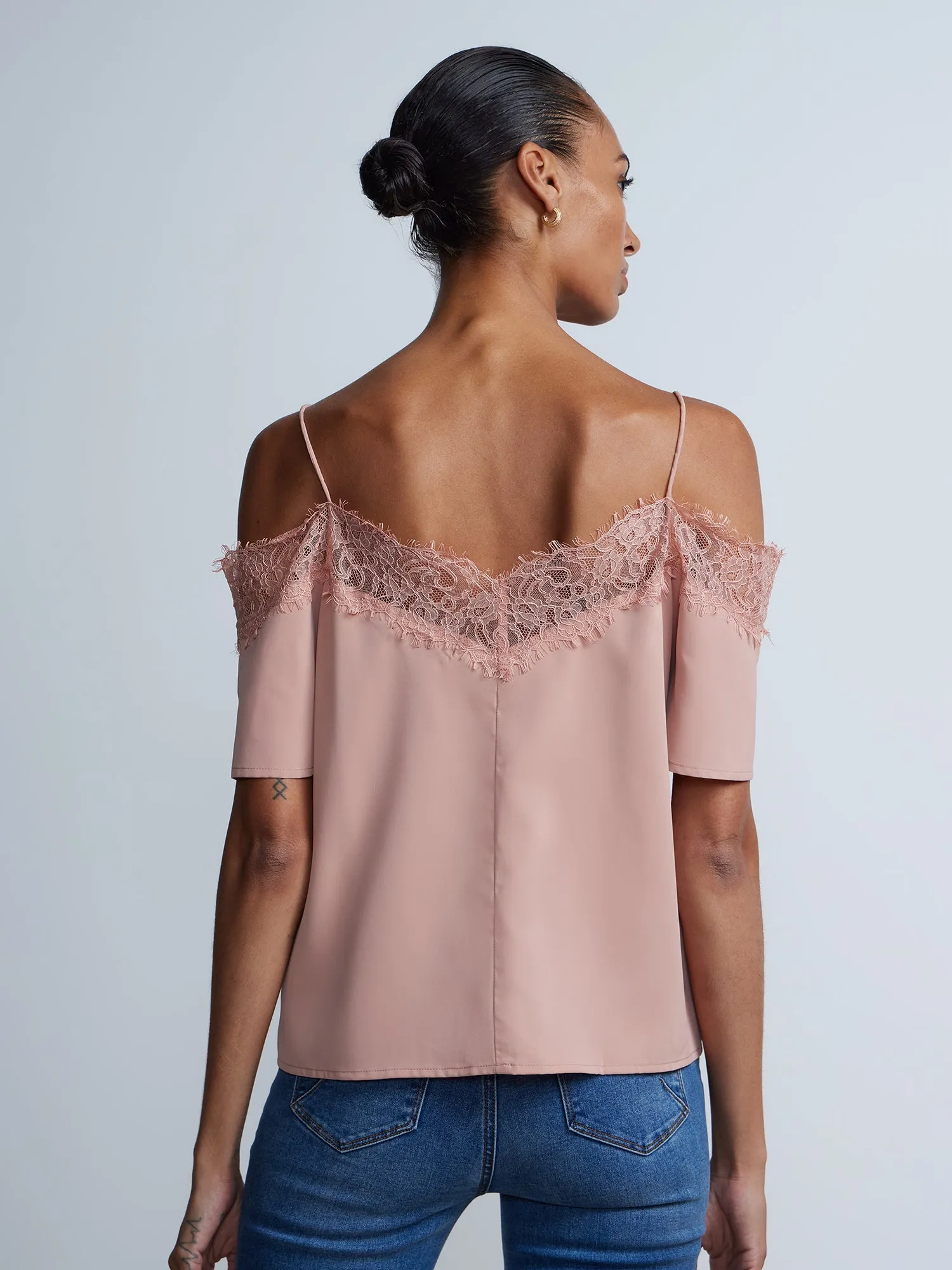 Short Sleeve Lace Trim Cold Shoulder Top