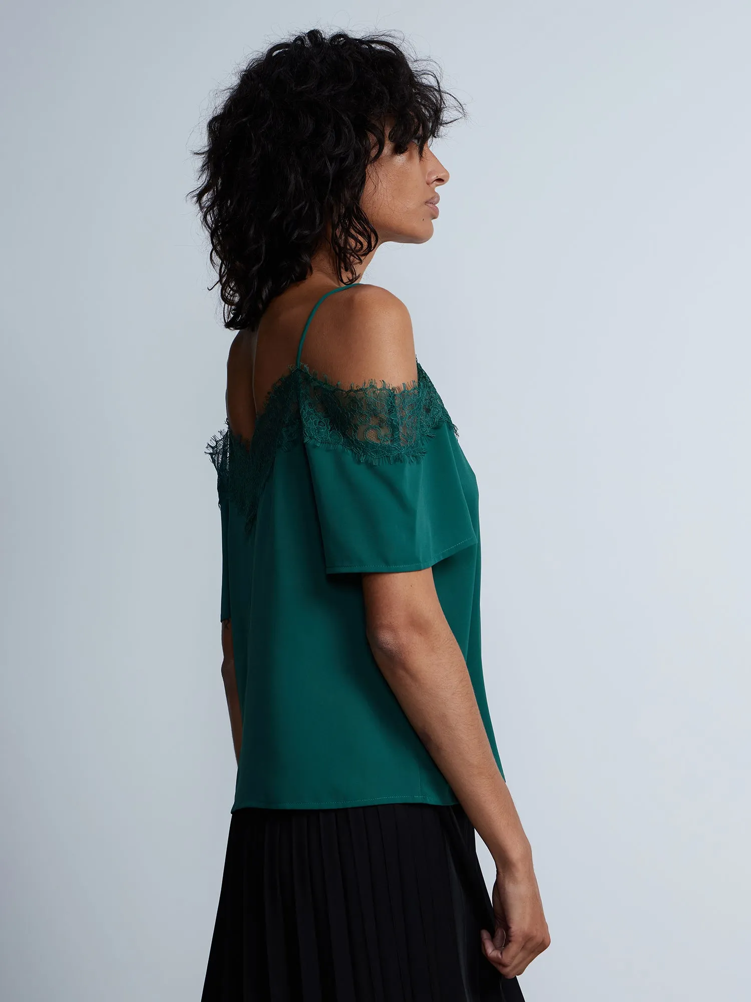 Short Sleeve Lace Trim Cold Shoulder Top