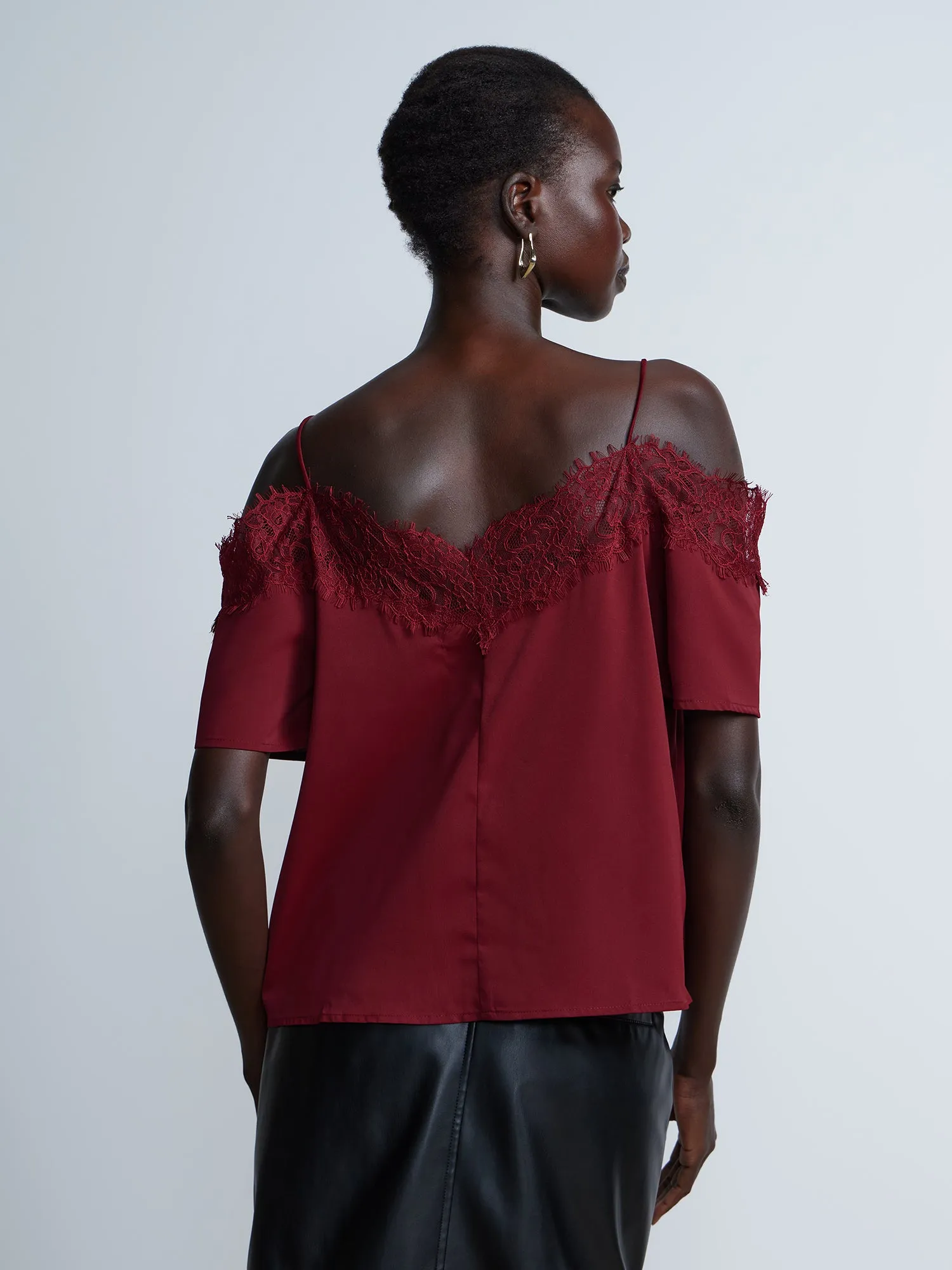 Short Sleeve Lace Trim Cold Shoulder Top