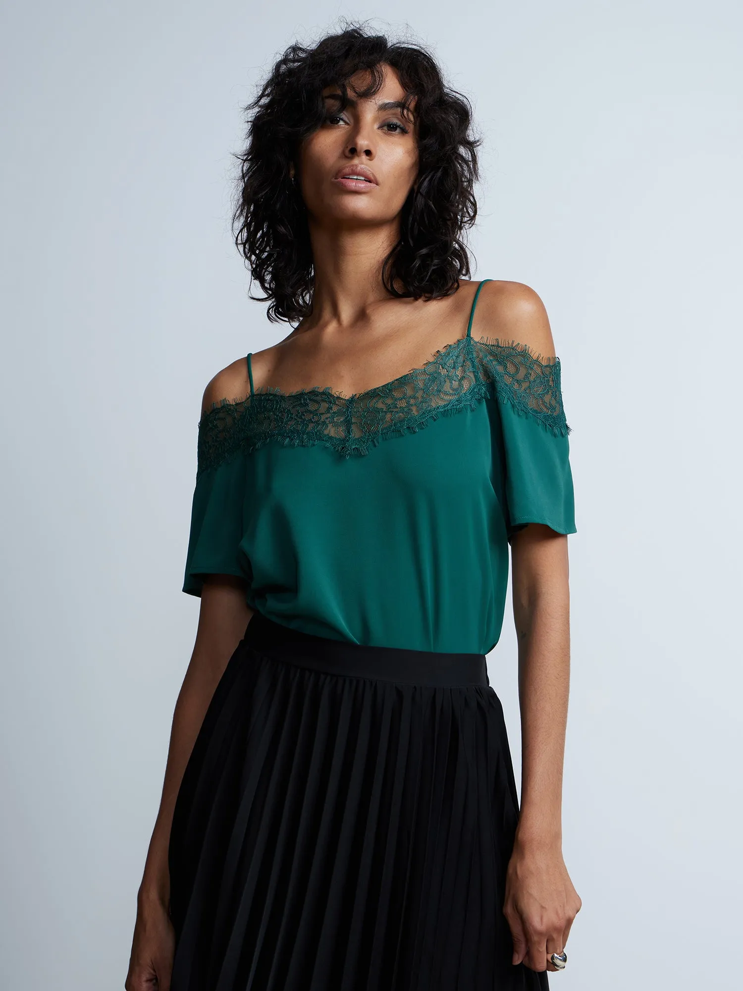 Short Sleeve Lace Trim Cold Shoulder Top