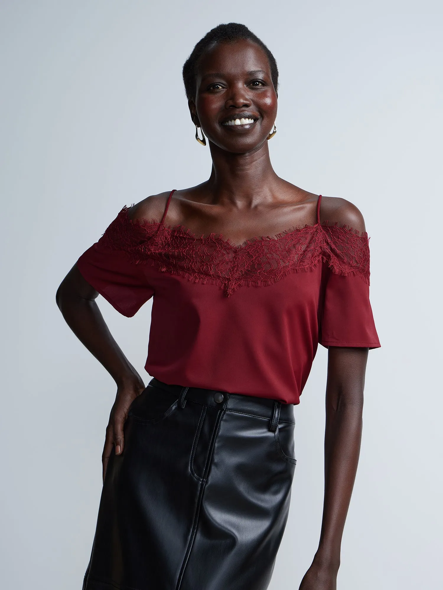 Short Sleeve Lace Trim Cold Shoulder Top