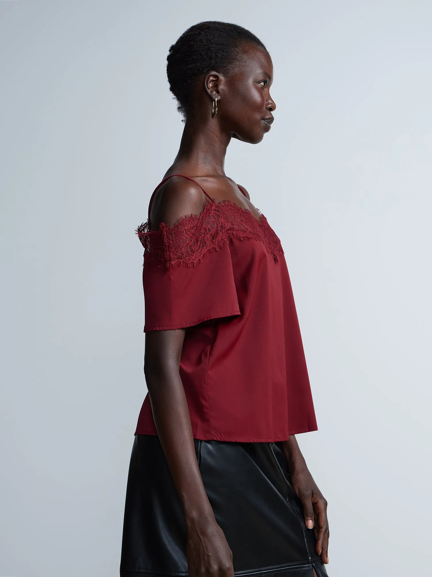Short Sleeve Lace Trim Cold Shoulder Top