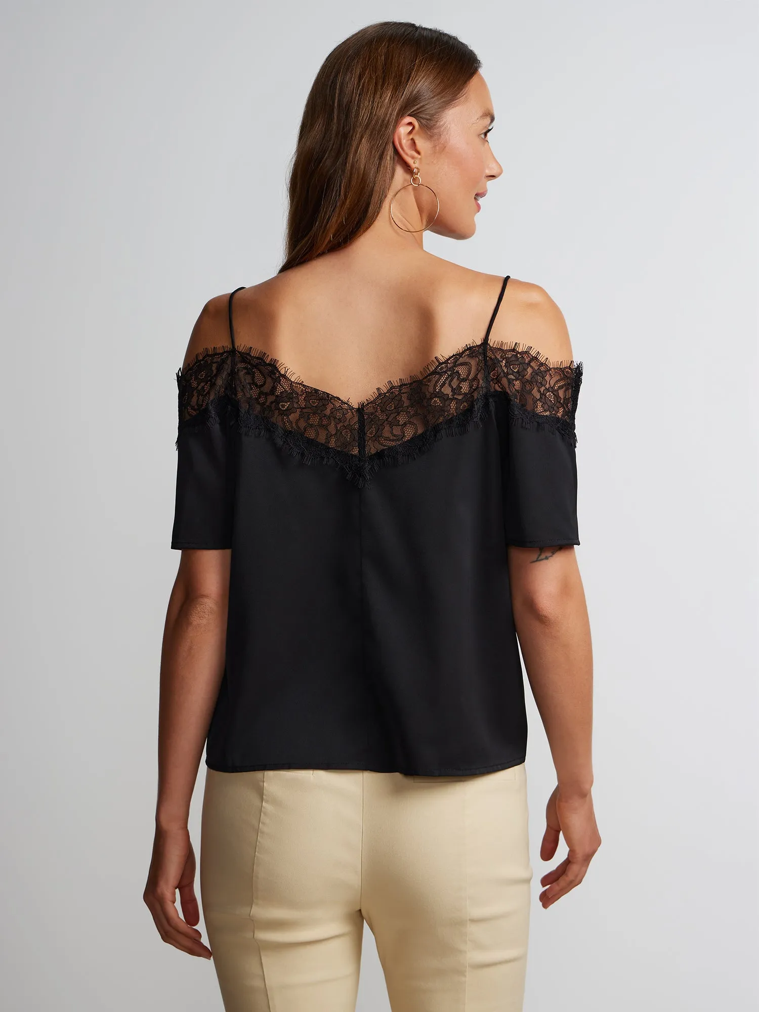 Short Sleeve Lace Trim Cold Shoulder Top