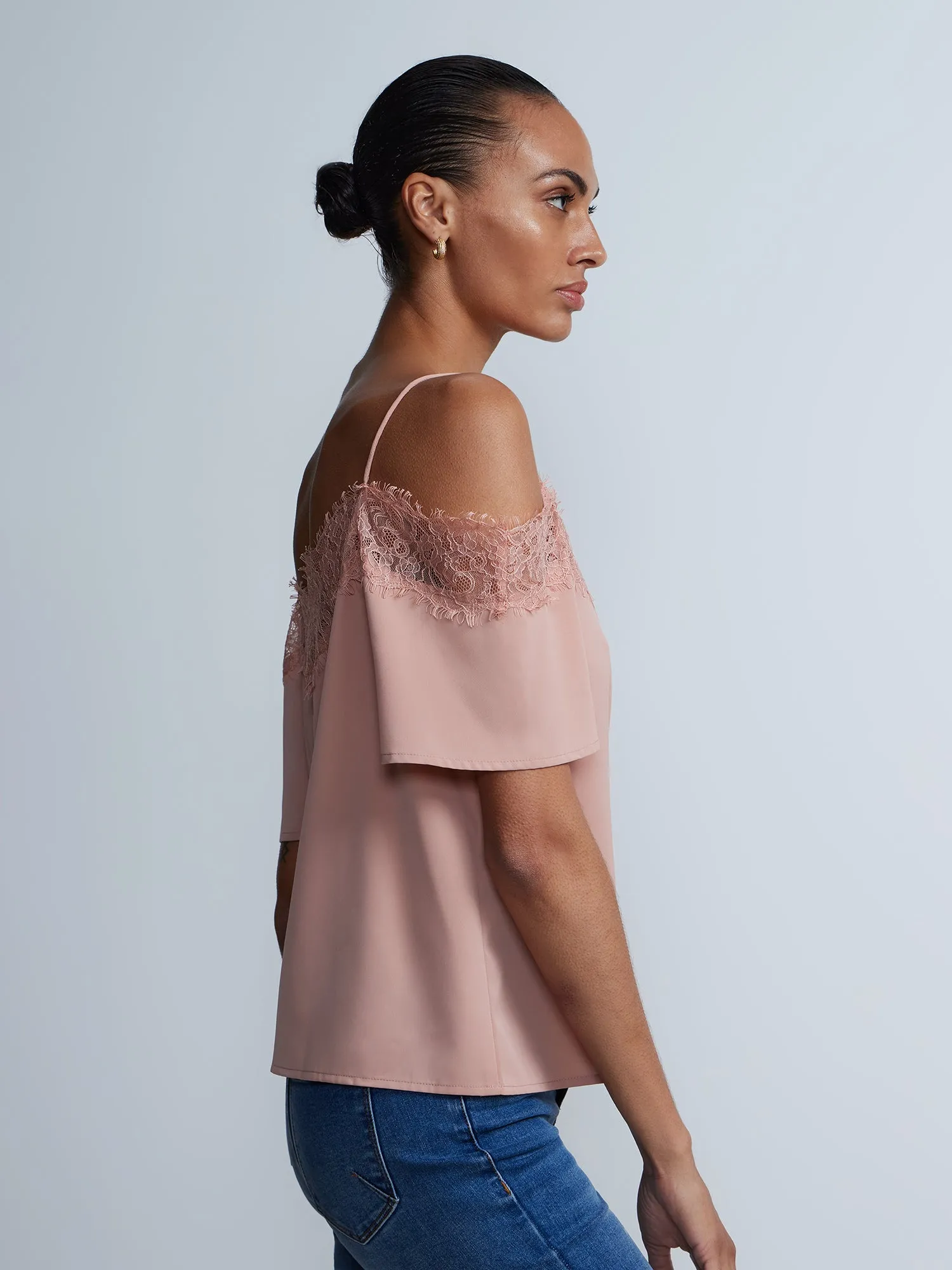 Short Sleeve Lace Trim Cold Shoulder Top