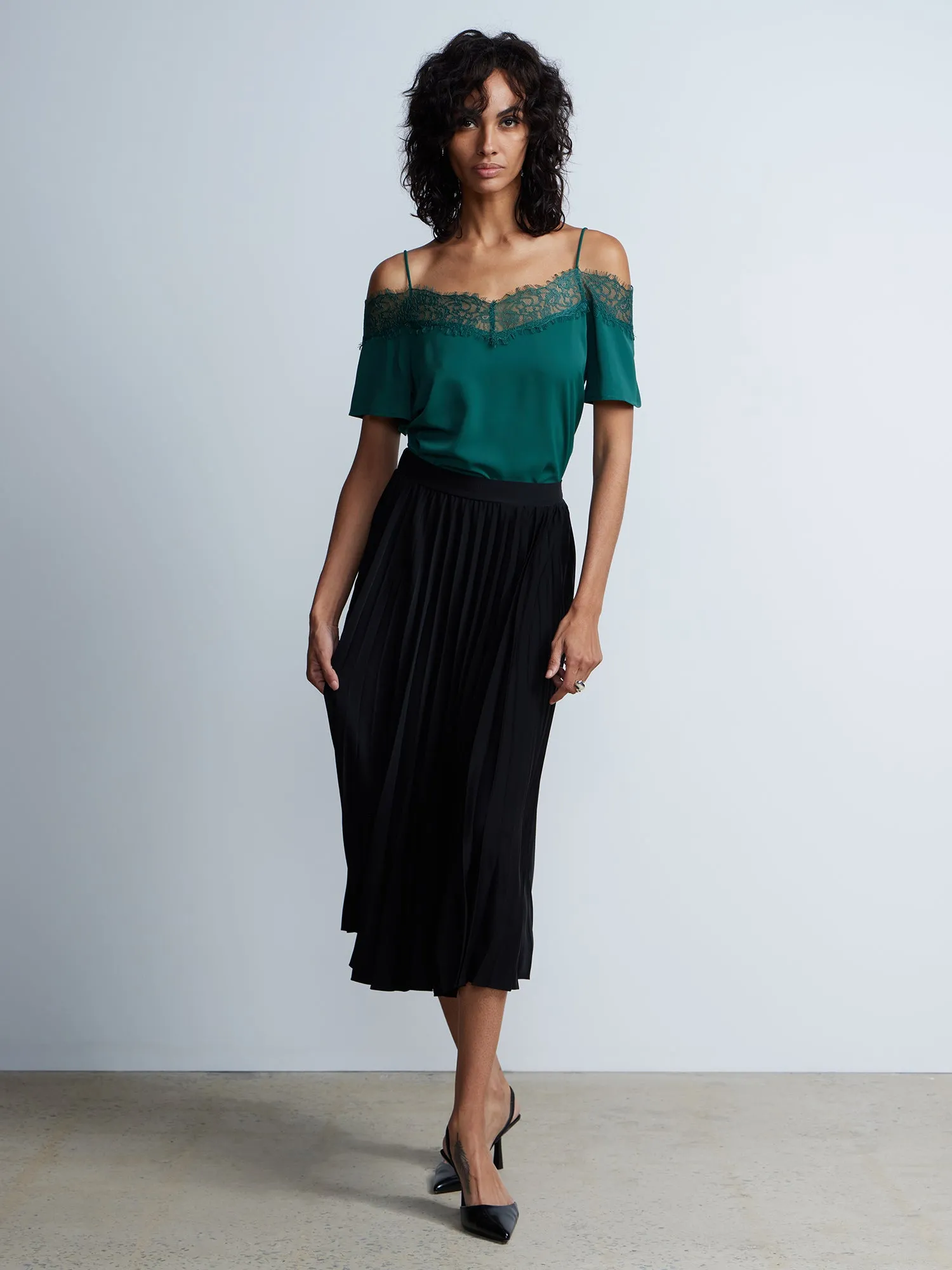 Short Sleeve Lace Trim Cold Shoulder Top
