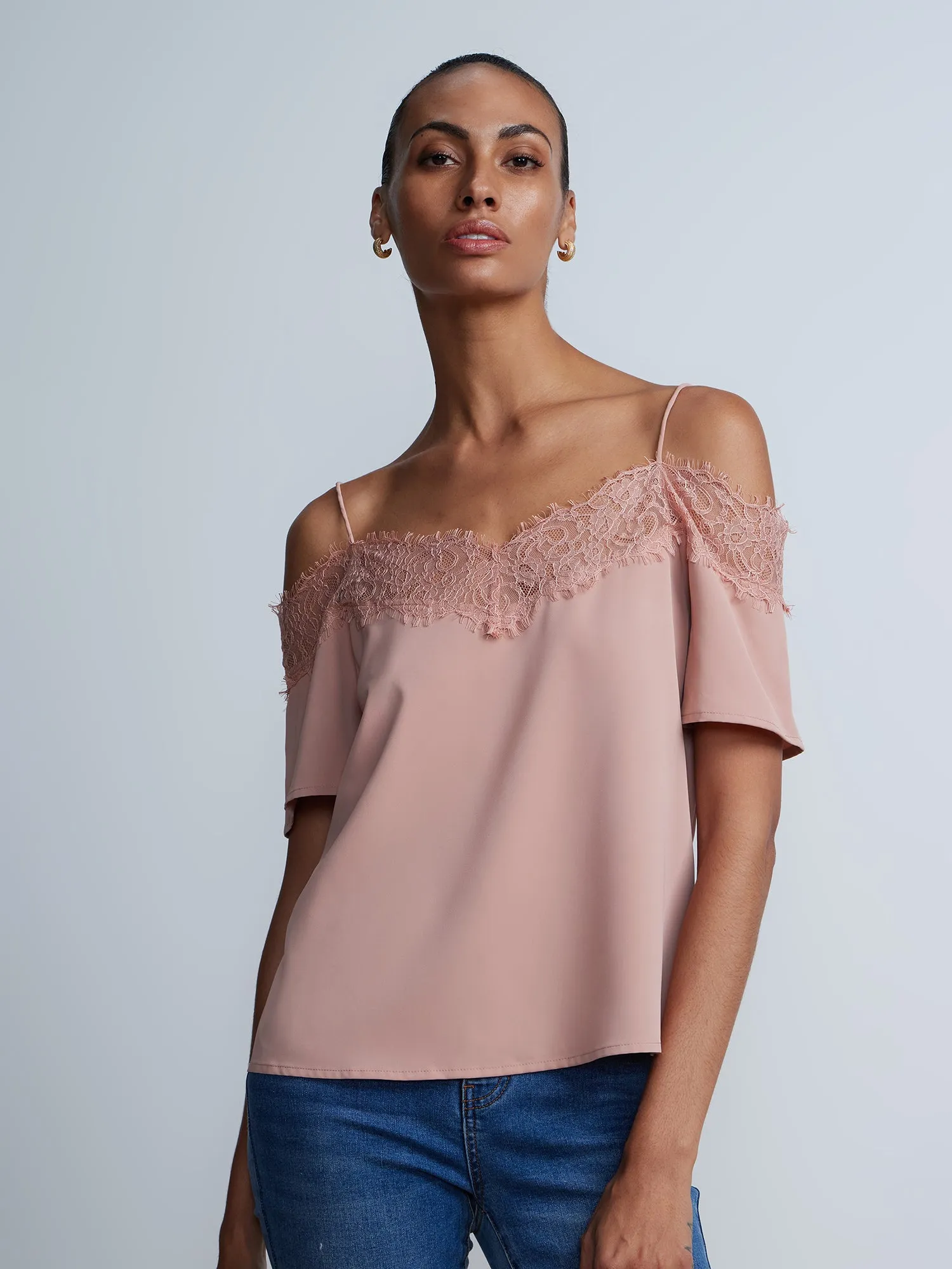 Short Sleeve Lace Trim Cold Shoulder Top