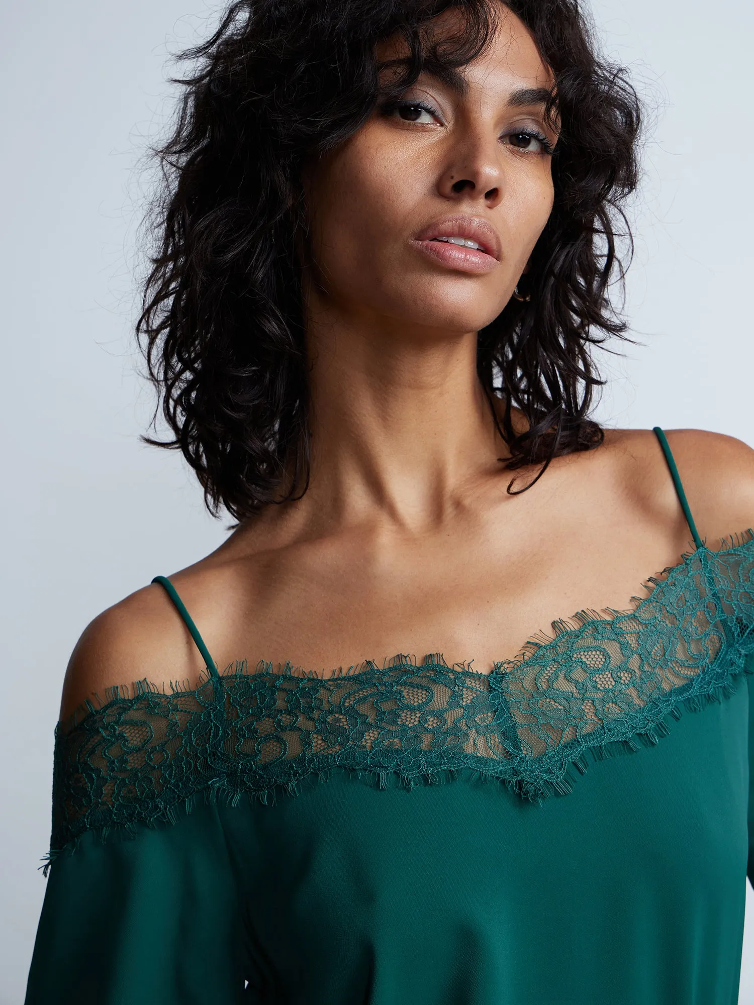 Short Sleeve Lace Trim Cold Shoulder Top