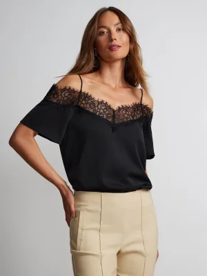 Short Sleeve Lace Trim Cold Shoulder Top