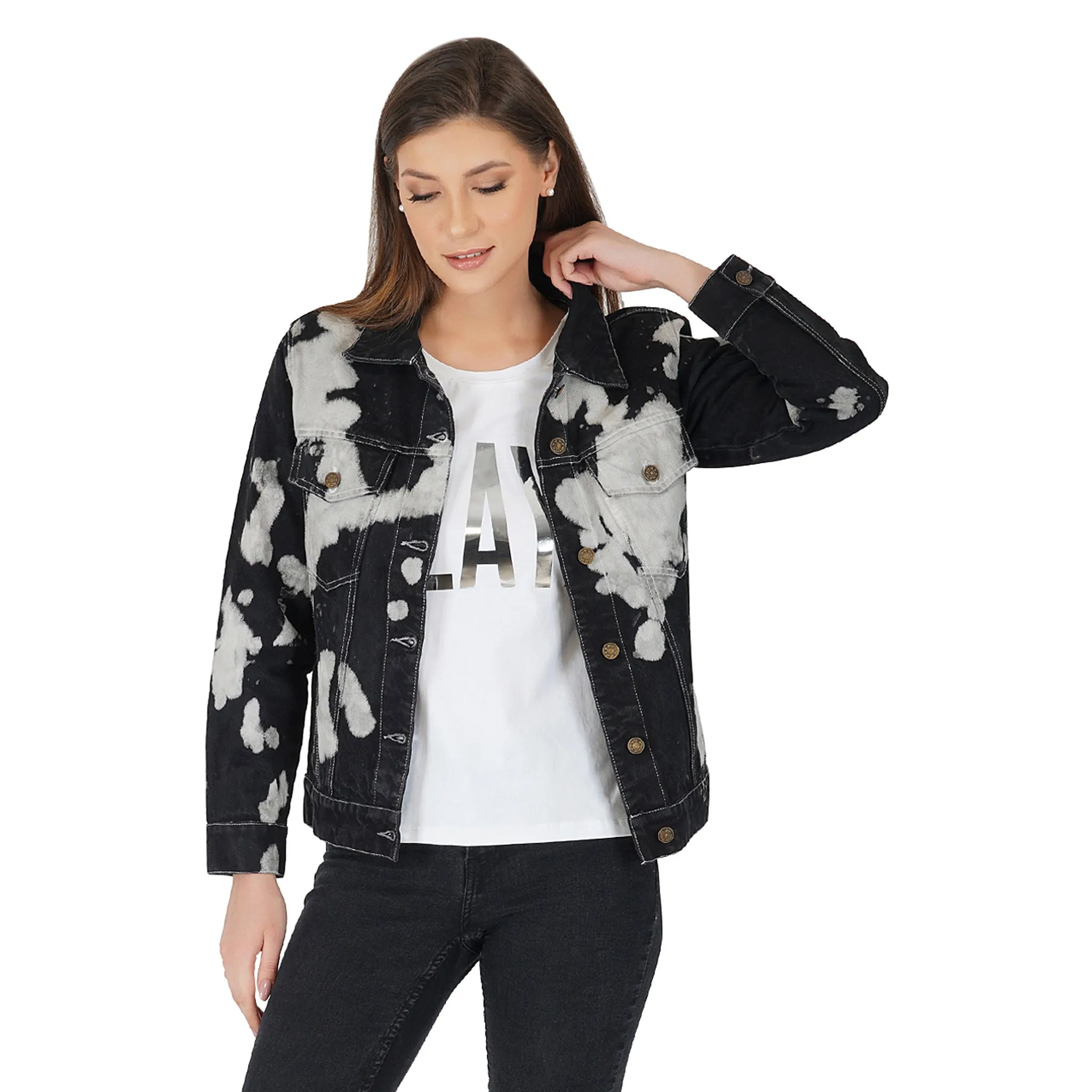SLAY. Women's Black & White Tie Dye Denim Jacket