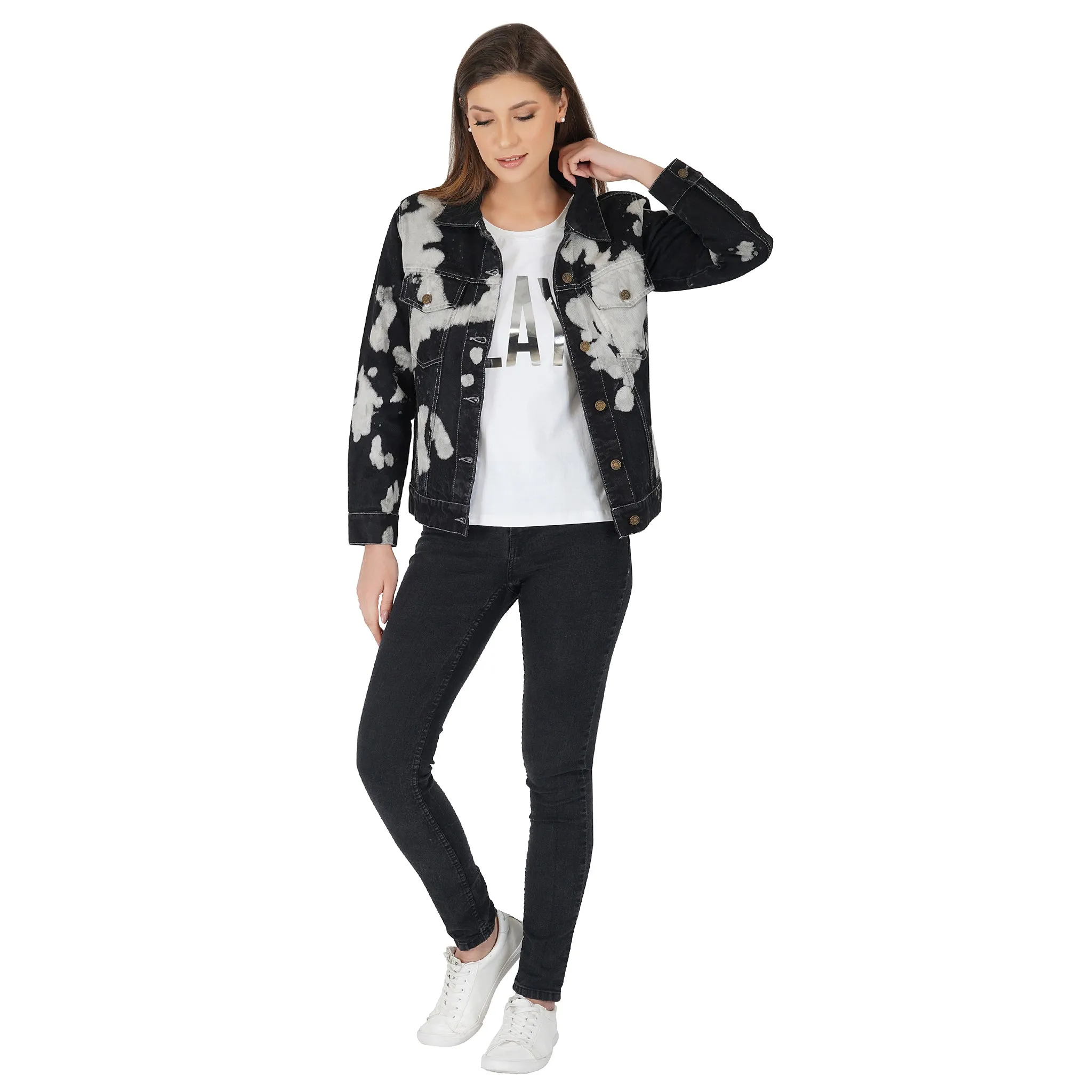SLAY. Women's Black & White Tie Dye Denim Jacket