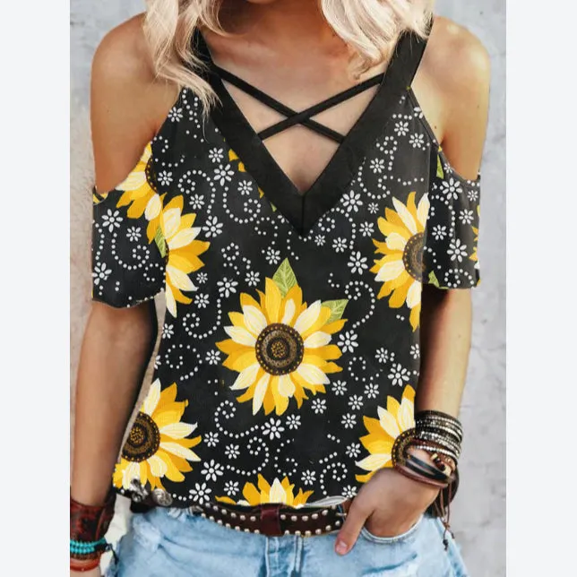 Sunflower Printed Sling Strap Off Shoulder Women'S Wholesale T Shirts