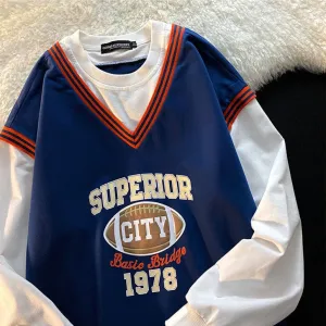 xiangtuibao Vintage American college style sweatshirt women oversized trend fried street hip-hop fake two-piece tops ins printed sweatshirt