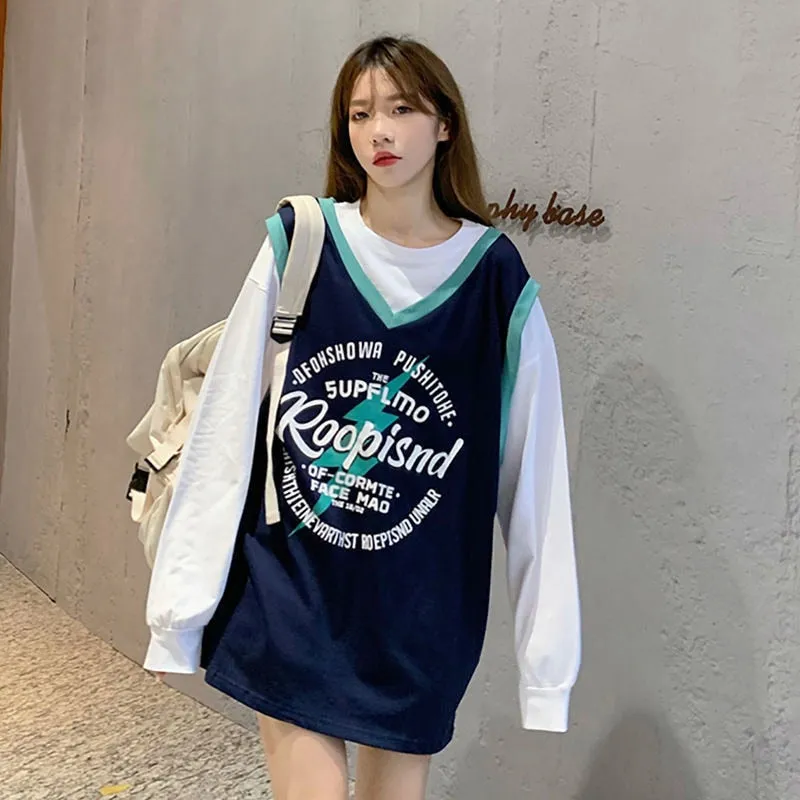 xiangtuibao Vintage American college style sweatshirt women oversized trend fried street hip-hop fake two-piece tops ins printed sweatshirt
